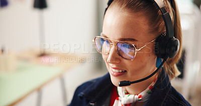 Buy stock photo Happy woman, headset and agent with glasses for online communication or advice in home. Female person, consultant or smile in remote work with mic for telecommunications, help or virtual assistance