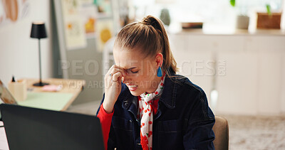 Buy stock photo Creative agency, headache and woman in office, laptop and mental health with burnout. Person, entrepreneur and artist in workspace, computer and migraine with fatigue, tired and tension with ache