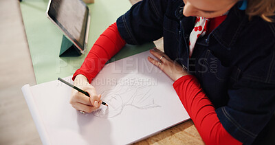 Buy stock photo Woman, above and drawing with pencil for fashion design, art or sketching in home. Female person, artist and tablet for reference with visual draft, artistic skill or talent for designer illustration