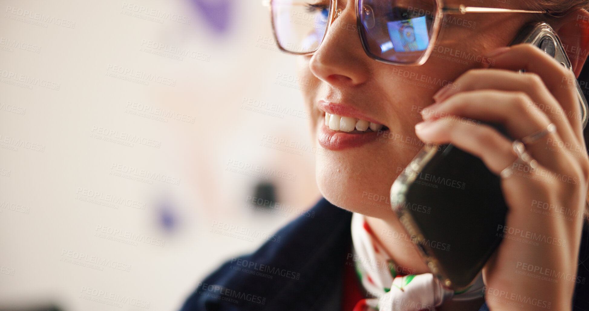 Buy stock photo Phone call, glasses and online with business woman in office for graphic designer, client briefing and contact. Project progress, communication and reflection with person in creative agency for space