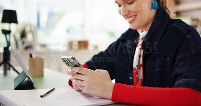 Buy stock photo Smartphone, creative agency and woman in office, smile and communication with social media. Person, freelancer and entrepreneur in workplace, cellphone and digital app for online chatting and texting