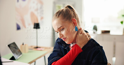 Buy stock photo Neck pain, graphic designer and stress with business woman for tired, web layout and project deadline. Burnout, fatigue and editor error with person in creative agency for inflammation and overworked
