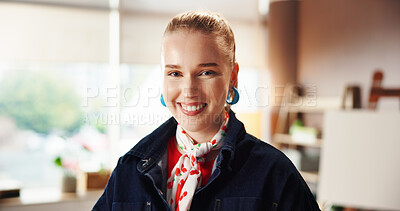 Buy stock photo Creative, portrait and artist with woman in studio for painting commission, exhibition and smile. Talent, happiness and pride with person in painter workshop for gallery showcase and inspiration