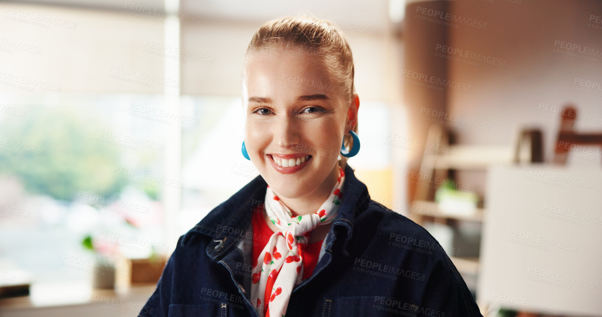 Buy stock photo Creative, portrait and artist with woman in studio for painting commission, exhibition and smile. Talent, happiness and pride with person in painter workshop for gallery showcase and inspiration