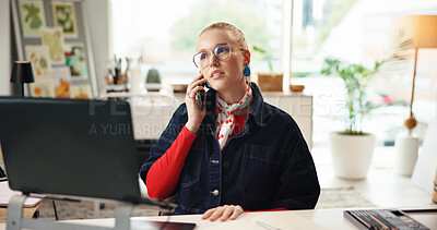 Buy stock photo Phone call, glasses and thinking with business woman in office for graphic designer, client briefing and contact. Project progress, communication and reflection with person in creative agency