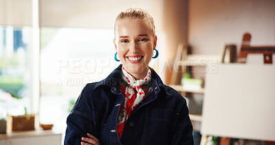 Buy stock photo Smile, portrait and artist with woman in studio for painting commission, exhibition and talent. Creative, happiness and sketch with person in painter workshop for gallery showcase and inspiration