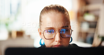 Buy stock photo Creative, woman and reading on laptop at house for research, editing article and feedback. Female journalist, pc and glasses reflection with story information, proofreading and publication schedule