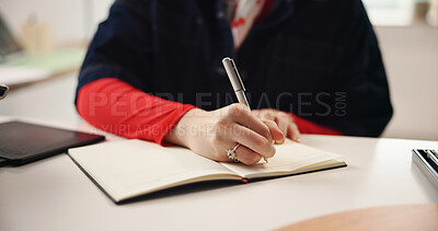 Buy stock photo Remote work, hands and writing with notebook for graphic design, planning or idea inspiration. Freelancer, tablet and creative woman with schedule for project draft, reminder and diary in home