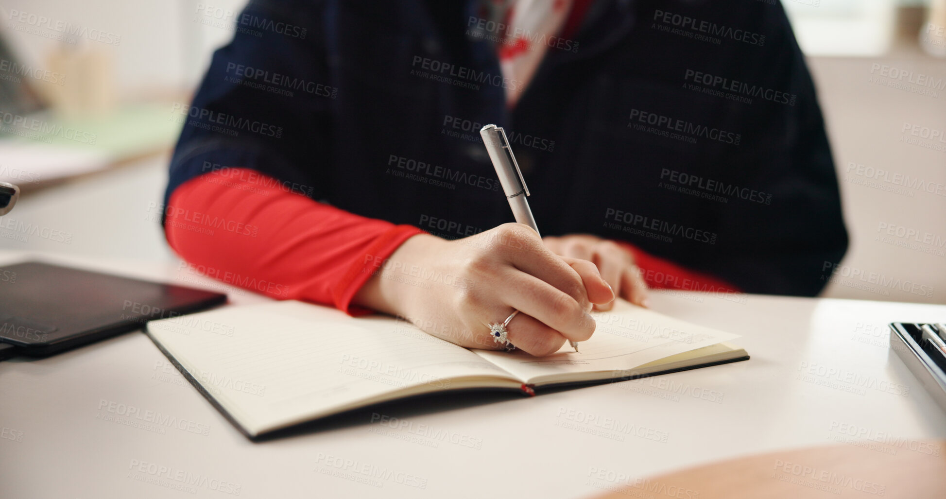 Buy stock photo Remote work, hands and writing with notebook for graphic design, planning or idea inspiration. Freelancer, tablet and creative woman with schedule for project draft, reminder and diary in home