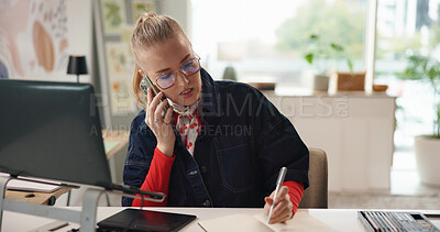 Buy stock photo Remote work, woman and phone call with notebook for graphic design, planning or idea inspiration. Freelancer, laptop and creative person with writing for project draft, reminder and diary in home