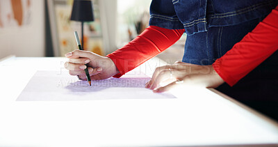 Buy stock photo Hands, artist and drawing with paper at studio, creativity and  lines for artwork on board in home. Person, sketch and inspiration with development for design, hobby or talent with tools at workshop