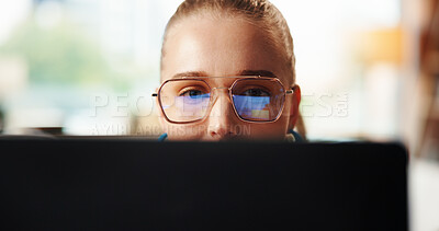 Buy stock photo Creative, artist and woman with laptop, office or brand identity on website, glasses or inspiration. Reflection, graphic designer and person with tech for digital art, eyewear and logo design on app