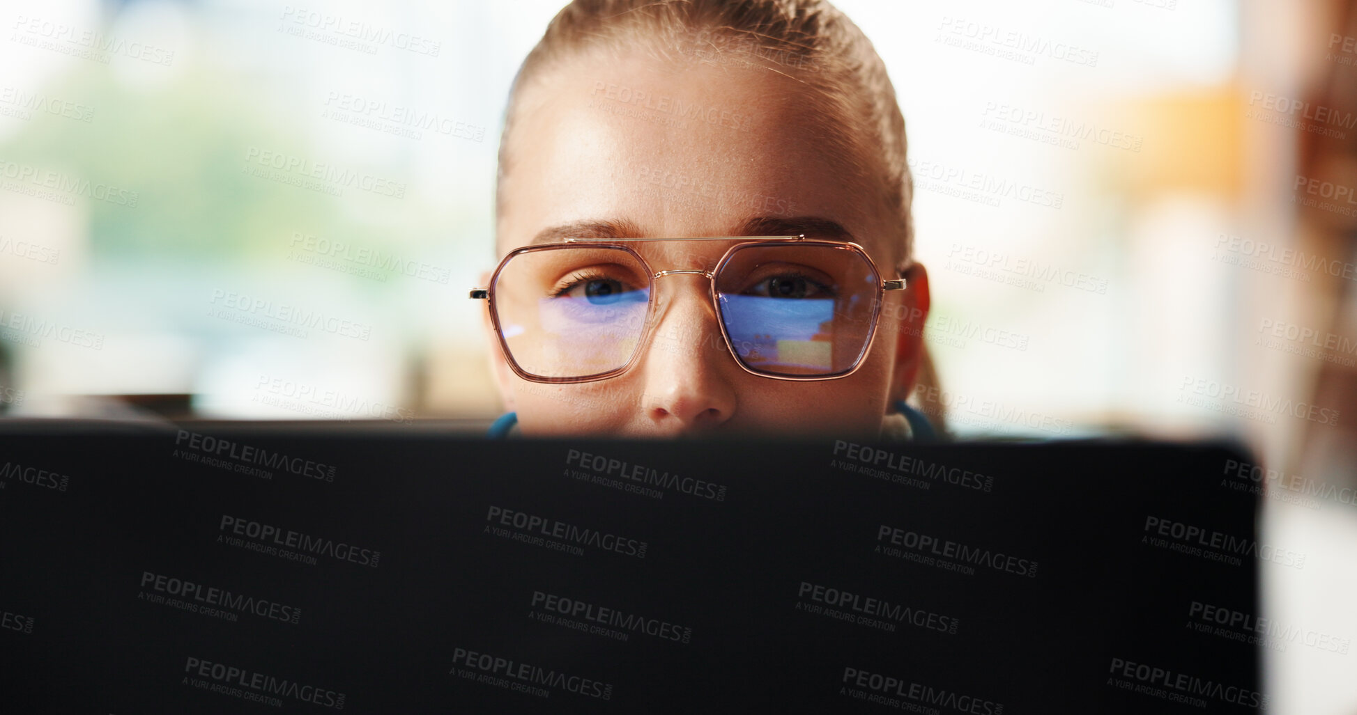 Buy stock photo Creative, artist and woman with laptop, office or brand identity on website, glasses or inspiration. Reflection, graphic designer and person with tech for digital art, eyewear and logo design on app