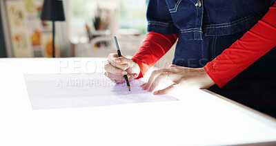 Buy stock photo Woman, hands and drawing with light table for fashion design, art or tracing in home studio. Female person, artist or clothing designer with pencil for illustration, draft or planning in workshop
