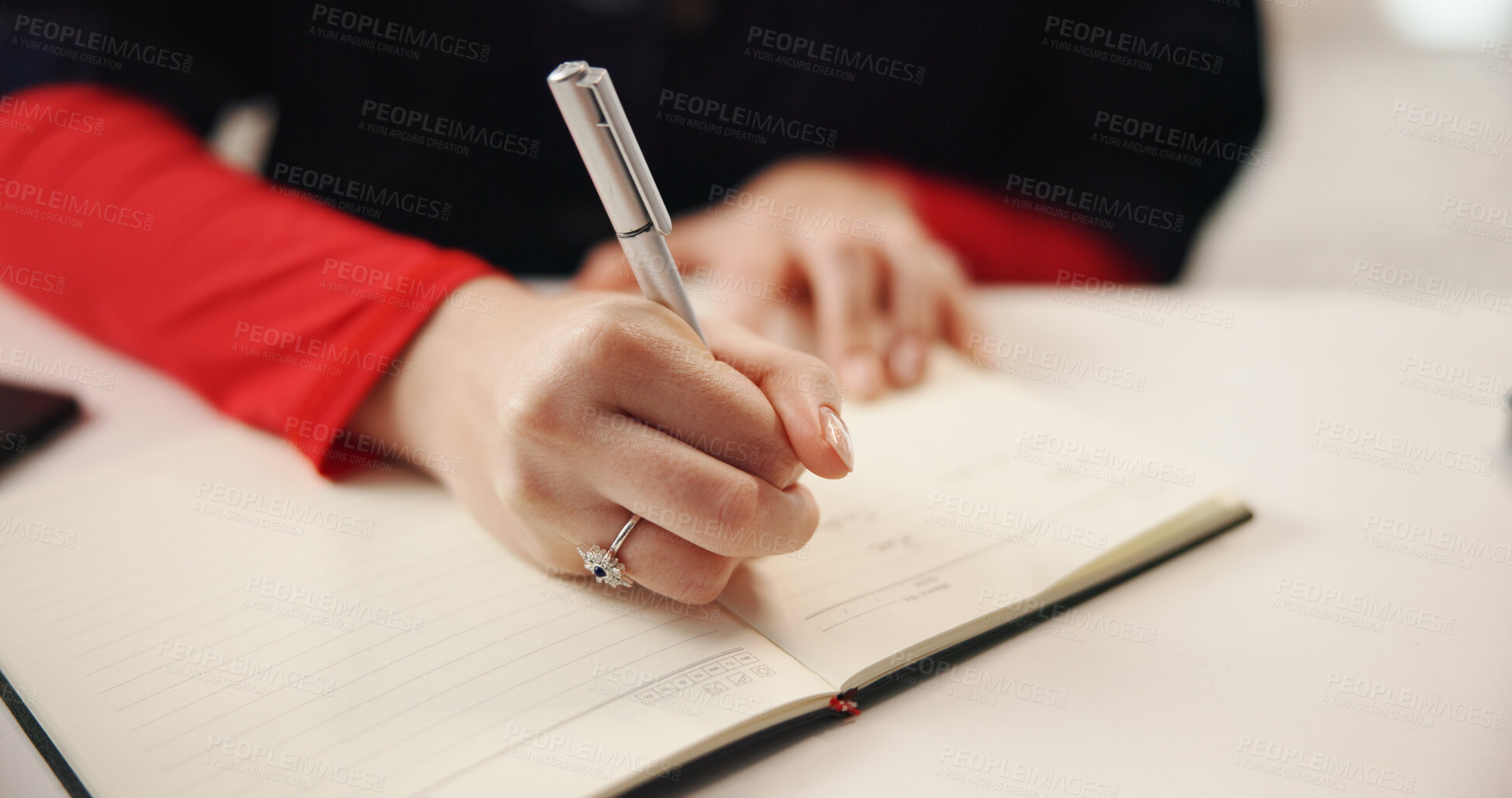 Buy stock photo Writing, journal and hands of woman in office for schedule, planning and reminder. To do list, information and notes with employee, diary and notebook for goal checklist or business agenda idea