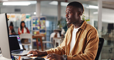 Buy stock photo Business, computer and man in office, online reading and research for article, email and editing. Person, employee and journalist in workplace, pc and news report with deadline, solution and internet