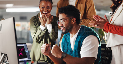 Buy stock photo Excited business people, fist pump and applause in promotion, announcement or success in office. Group of employees, clapping and celebration for partnership, prize or workplace funding approval