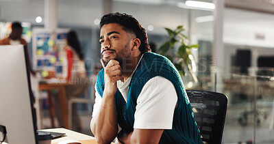 Buy stock photo Creative business, man and thinking by computer of graphic design, career path or idea. Modern office, employee and coworking for internship, problem solving and technical skills for research