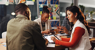 Buy stock photo Creative people, meeting and tablet in office for graphic design, planning and research. Digital agency, communication and worker with tech, social media or idea for website or ui project homepage