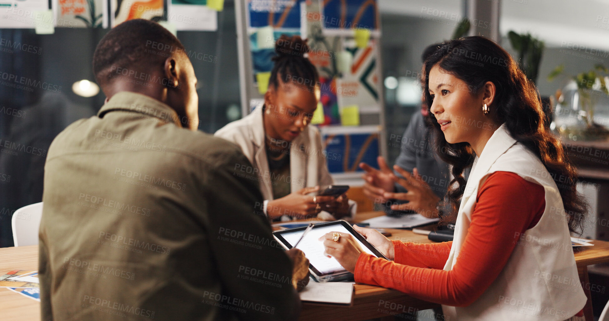 Buy stock photo Creative people, meeting and tablet in office for graphic design, planning and research. Digital agency, communication and worker with tech, social media or idea for website or ui project homepage