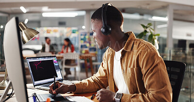 Buy stock photo Laptop, graphic design and man in office, headphones and listening to music, internet and connection. Creative agency, person and employee in workplace, computer and audio with planning and ideas