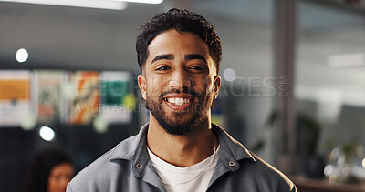 Buy stock photo Portrait, creative and happy business man in office as graphic designer at internship. Smile, startup and professional employee with confidence, about us or career development for visual artist