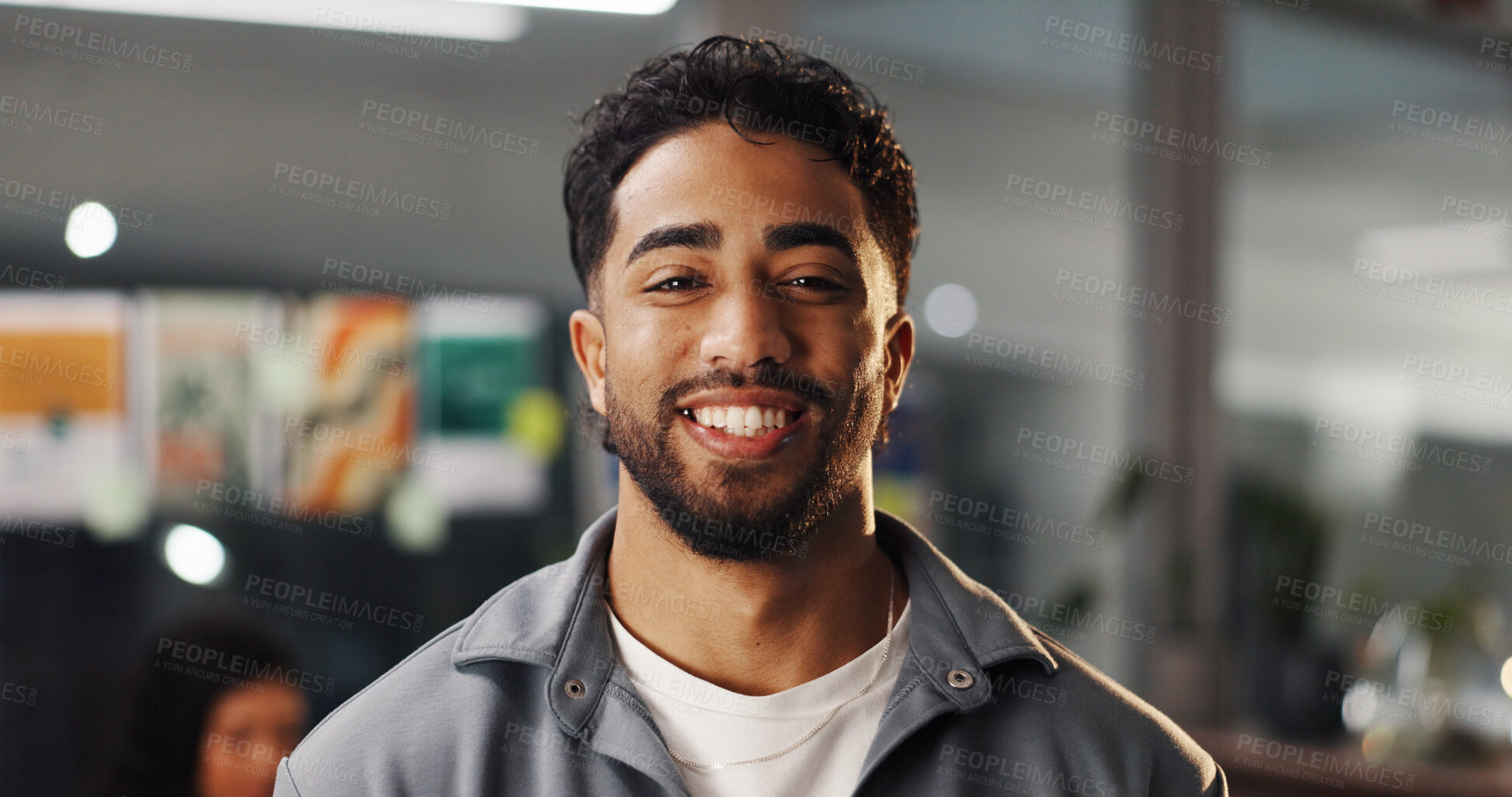 Buy stock photo Portrait, creative and happy business man in office as graphic designer at internship. Smile, startup and professional employee with confidence, about us or career development for visual artist