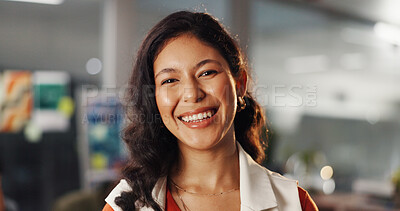 Buy stock photo Portrait, creative and happy business woman in office as graphic designer at internship. Smile, startup and professional employee with confidence, about us and opportunity with visual artist in Spain