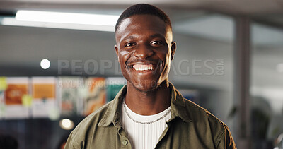 Buy stock photo Portrait, business and happy black man in creative office as graphic designer at internship. Smile, startup and professional employee with confidence, about us or career development for visual artist
