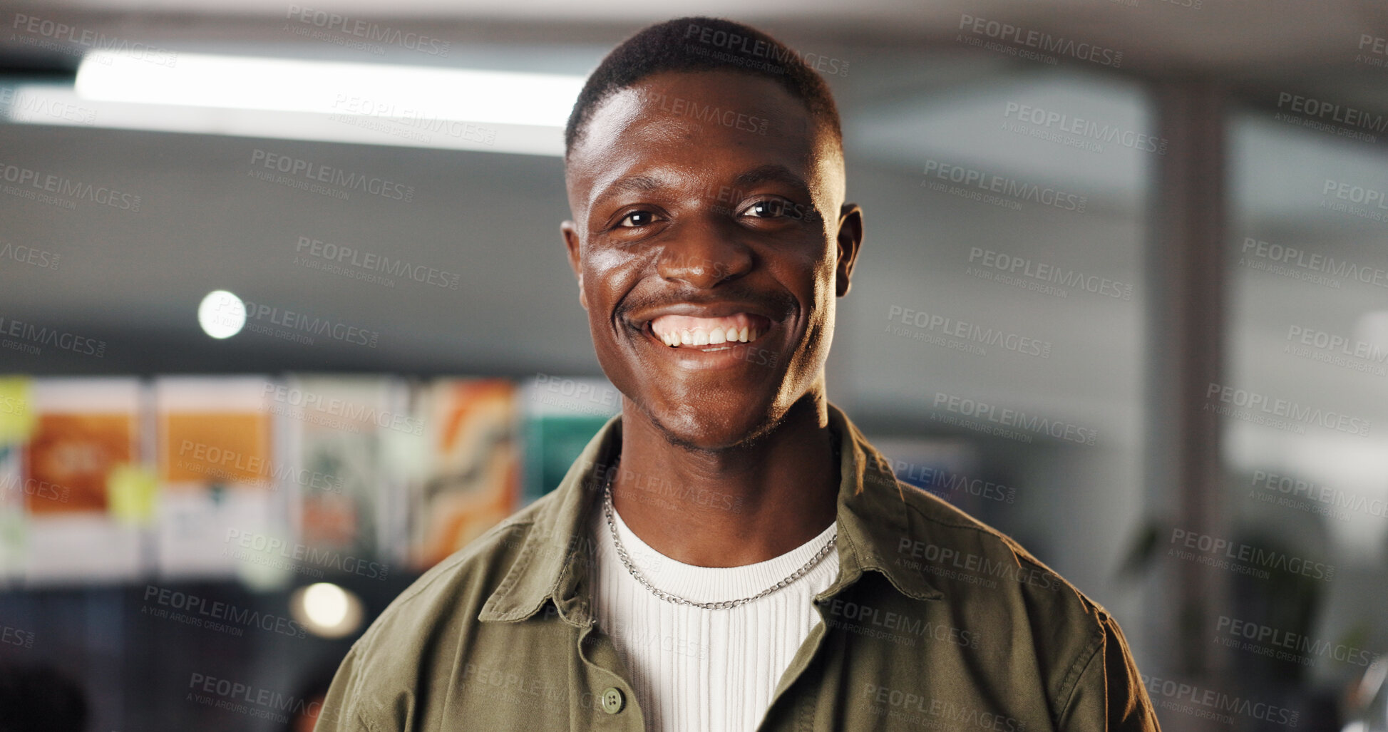 Buy stock photo Portrait, business and happy black man in creative office as graphic designer at internship. Smile, startup and professional employee with confidence, about us or career development for visual artist