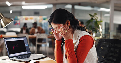 Buy stock photo Woman, laptop and headache in office with stress, creativity burnout and massage temples for relief. Graphic designer, migraine and tech in agency with brain fog, tension and overwhelmed with anxiety