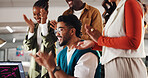 Excited business people, applause and smile in promotion, announcement or success in office. Group of employees, clapping hands and celebration for partnership, prize or workplace funding approval