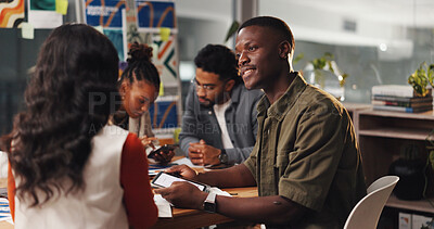 Buy stock photo Creative, meeting and people with discussion in office for logo design, campaign brief and planning. Digital agency, teamwork and graphic designer with research feedback, brand development and ideas