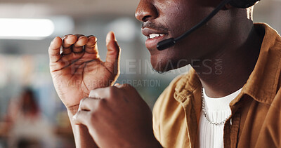 Buy stock photo Hands, call center and man in office, mic and help desk with communication, talking and explain. Closeup, person and employee in workplace, sales specialist and conversation with headset and advisor