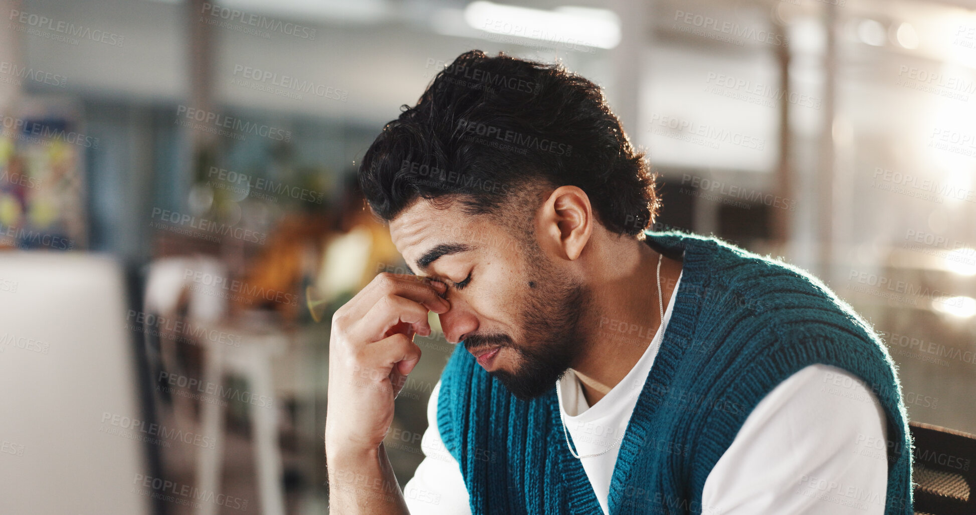 Buy stock photo Office, employee and man with stress, thinking or web designer with burnout, frustrated or deadline. Depressed, person and anxious for graphic design, overworked and exhausted in creative agency