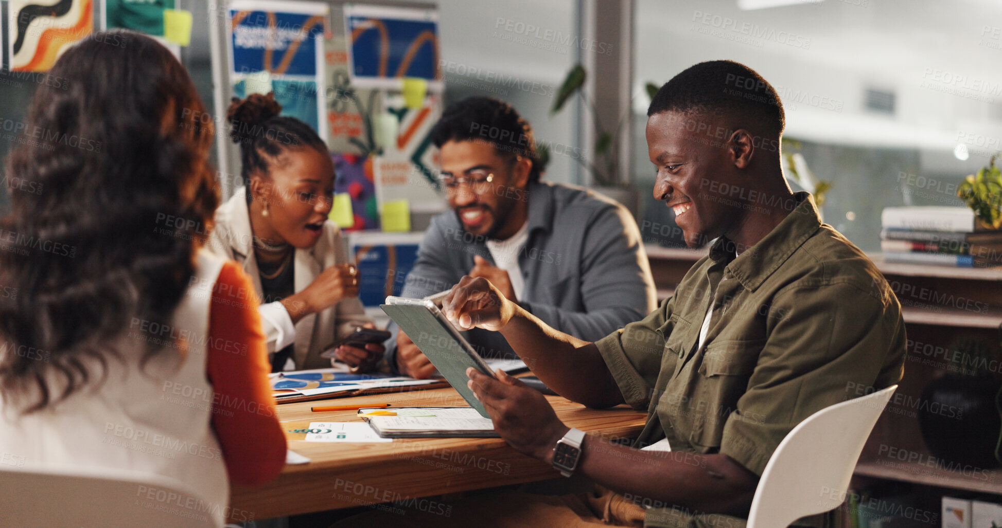 Buy stock photo Team, creative and people in office with tablet in meeting for graphic design, planning and project. Digital agency, happy and workers with tech, research and ideas for website, UI and homepage info