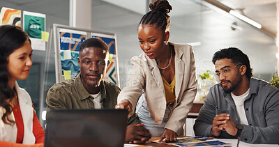 Buy stock photo Creative people, meeting and laptop in office for graphic design, planning and research. Digital agency, communication and team with tech, social media or ideas for website or UI project homepage