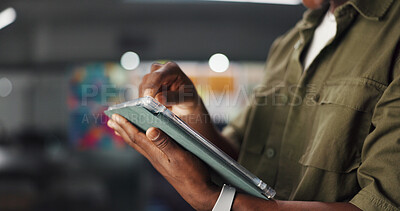 Buy stock photo Hands, creative or man scroll on tablet in office for logo design review, client email or planning. Night, graphic designer and digital app for social media campaign, project management and deadline