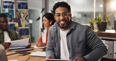 Buy stock photo Portrait, tablet and happy businessman in office as graphic designer in creative meeting. Smile, startup team and professional worker with technology, about us or career development for visual artist