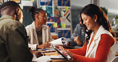 Buy stock photo Woman, graphic designer and tablet with team at office with review, decision or project management. Person, group and happy with app for collaboration, solution and inspiration at creative agency