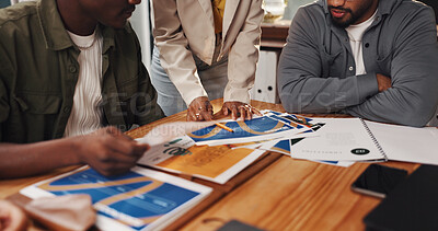 Buy stock photo Creative, documents and hands of business people in meeting for planning, teamwork and project ideas. Startup agency, collaboration and workers brainstorming for design process, feedback and strategy