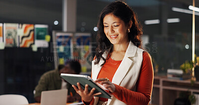 Buy stock photo Woman, graphic designer and smile with tablet at office with review, decision or project management. Person, tech and happy with application for proposal, solution and inspiration at creative agency