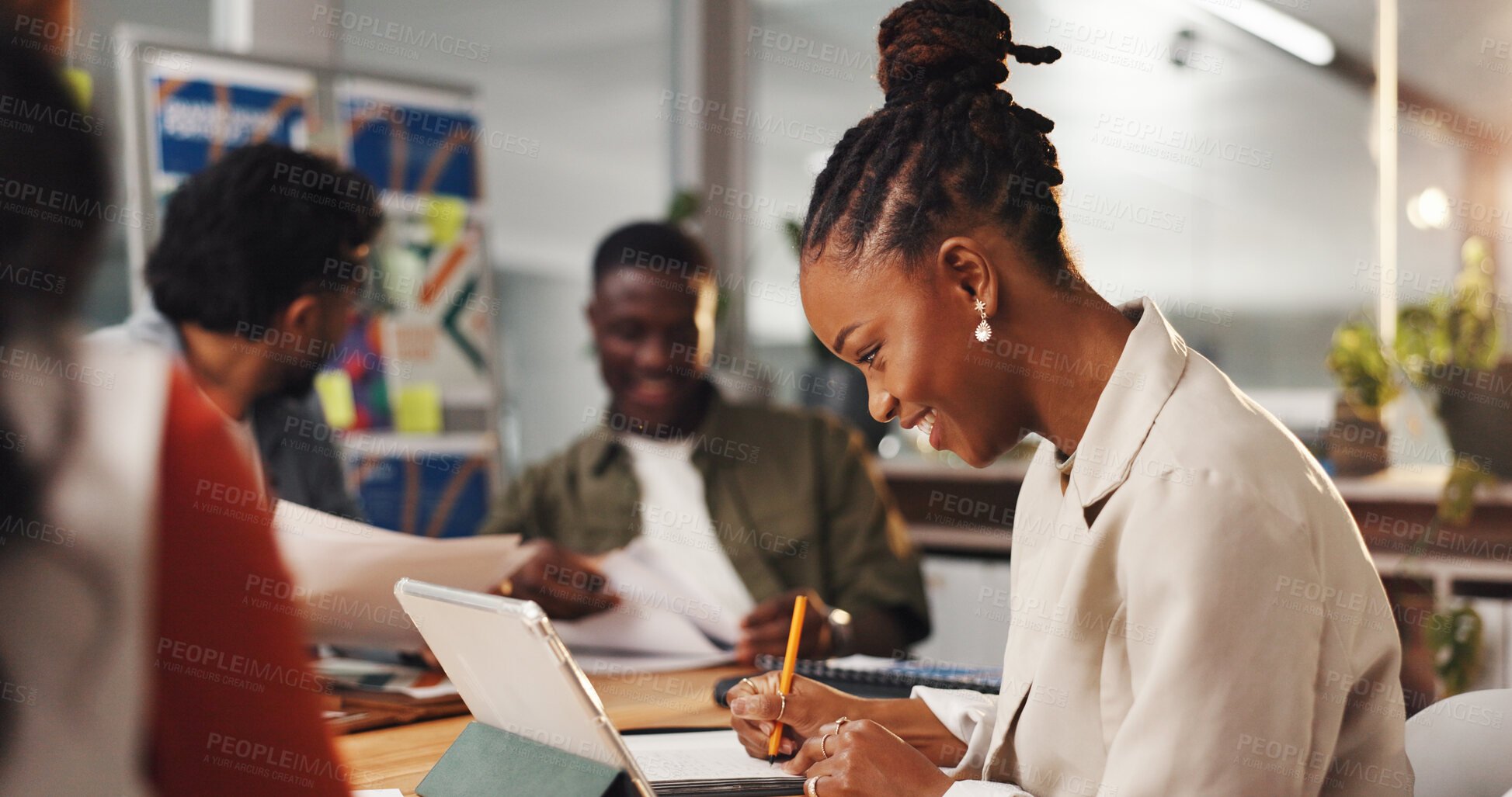 Buy stock photo Team, creative and woman in office with tablet in meeting for graphic design, planning and research. Digital agency, happy and workers with tech, notebook and ideas for website, ui and homepage info