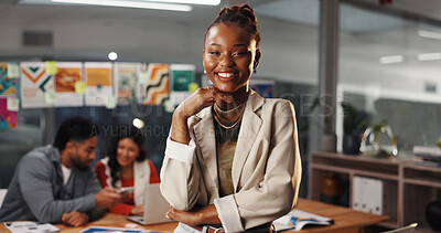 Buy stock photo Portrait, leader and woman with smile, collaboration or event planner with project, group or office. Happy, coordinator and person with pride for career development, creative and meeting in business