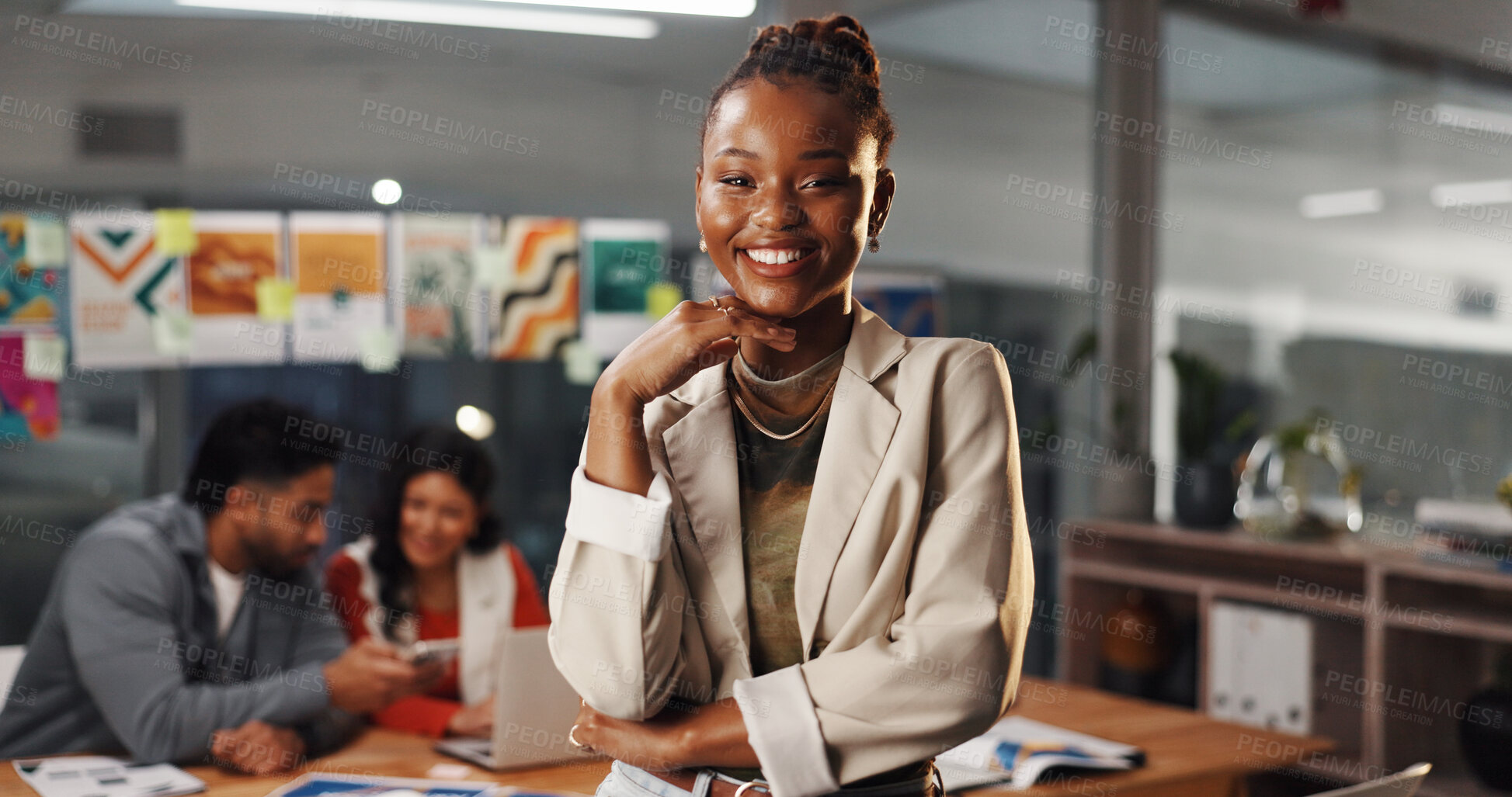 Buy stock photo Portrait, leader and woman with smile, collaboration or event planner with project, group or office. Happy, coordinator and person with pride for career development, creative and meeting in business