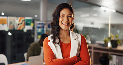 Buy stock photo Portrait, employee and woman with arms crossed, office or confident for project or graphic designer. Happy, person and ambitious for career development in creative agency, opportunity and web design