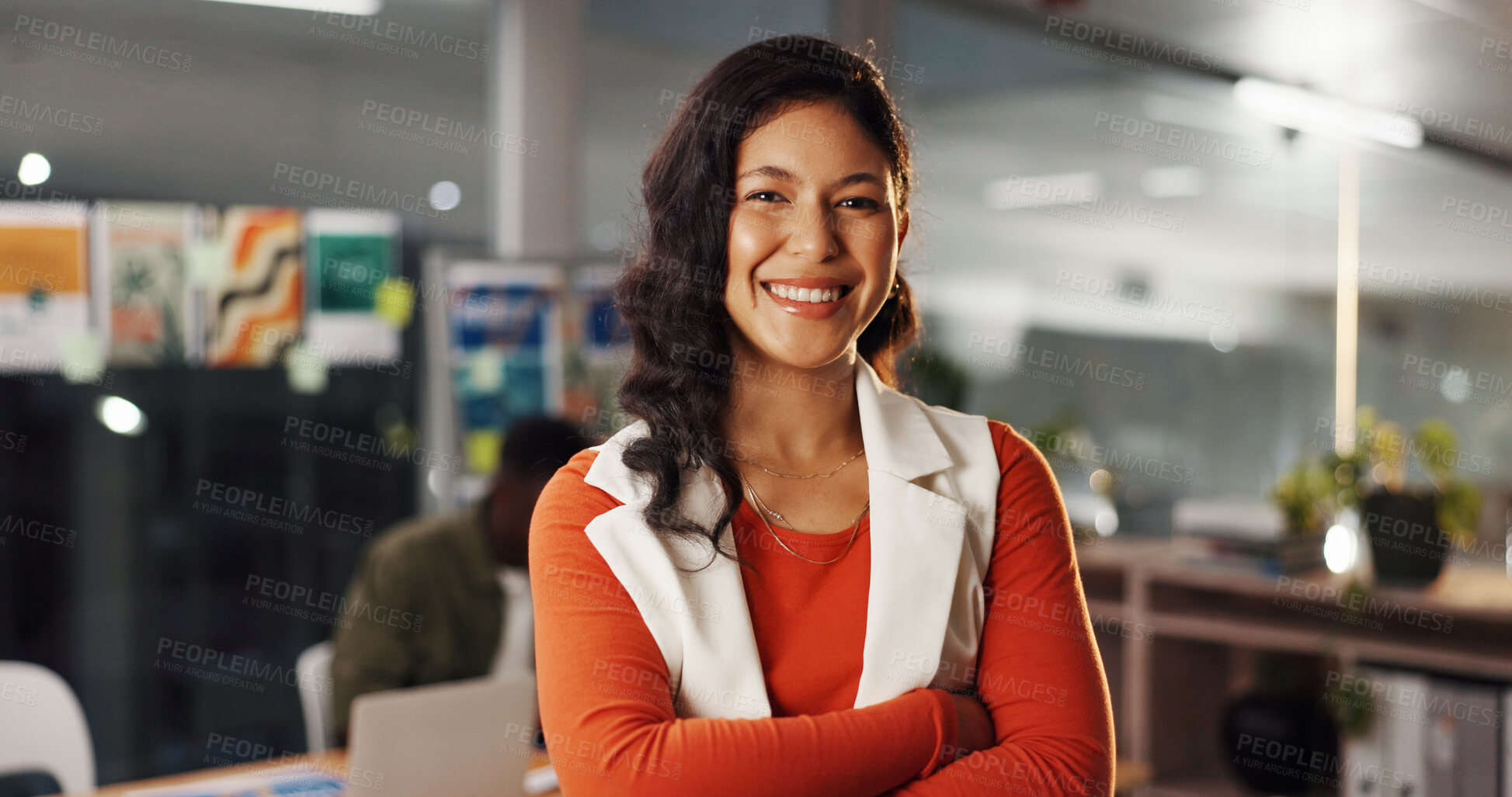 Buy stock photo Portrait, employee and woman with arms crossed, office or confident for project or graphic designer. Happy, person and ambitious for career development in creative agency, opportunity and web design