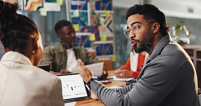 Buy stock photo Man, woman and graphic designer with tablet at office, review charts or project management at startup. People, tech and team with graphs, talk or application ux for problem solving at digital agency