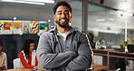 Portrait, arms crossed and happy business man in office as graphic designer at internship. Smile, startup and professional employee with confidence, pride and coworking with creative visual artist