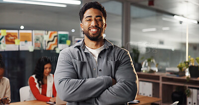 Buy stock photo Portrait, arms crossed and happy business man in office as graphic designer at internship. Smile, startup and professional employee with confidence, pride and coworking with creative visual artist